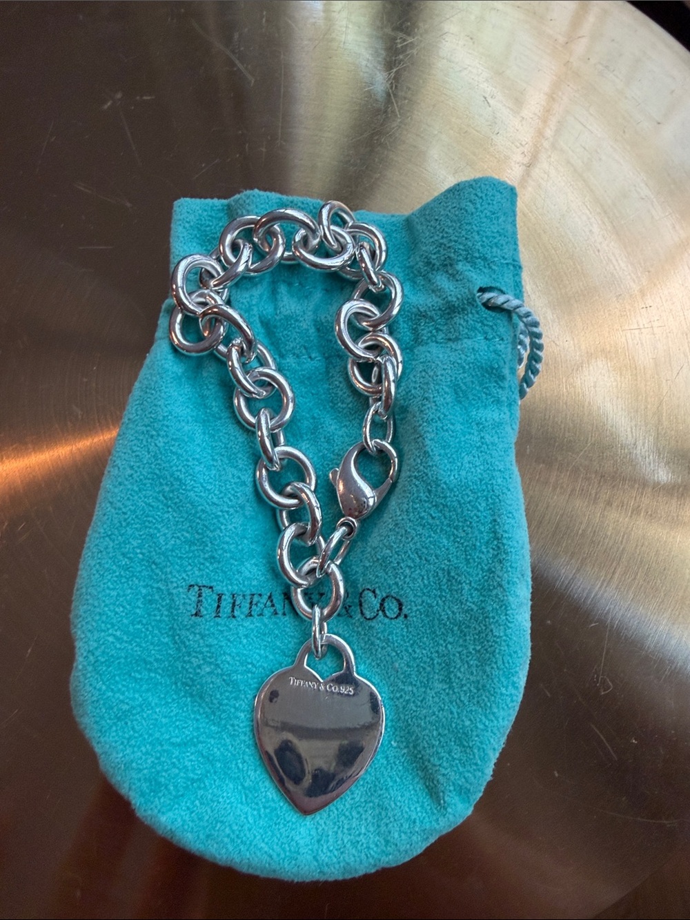 Tiffany & Co. Silver Heart Tag Charm Bracelet with Blue Pouch